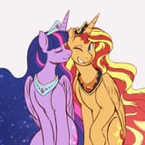 1607876__safe_artist-colon-overlordneon_sunset+shimmer_twilight+sparkle_alicorn_pony_g4_alicornified_crown_duo_ethereal+mane_eyes+closed_female_jewelry_lesbian_