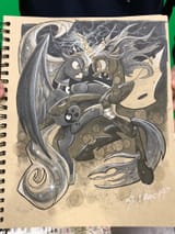 2048286__safe_artist-colon-andypriceart_princess+luna_queen+chrysalis_alicorn_changeling_changeling+queen_pony_g4_angry_duo_female_fight_glowing+horn_grayscale_