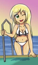 1138548__suggestive_artist-colon-sumin6301_applejack_equestria+girls_belly+button_bikini_breasts_cleavage_clothes_female_freckles_looking+at+you_ocean_