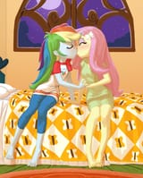847317__safe_artist-colon-carnifex_fluttershy_rainbow+dash_human_equestria+girls_g4_barefoot_bed_bedroom_blushing_clothes_commission_dress_duo_duo+female_eyes+