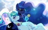 2813777__safe_artist-colon-walliscolours_princess+celestia_princess+luna_alicorn_pony_g4_alcohol_alternate+hairstyle_blushing_chest+fluff_drinking_eyes+closed_f