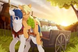 2828929__safe_artist-colon-mr-dash-tiaa_applejack_oc_oc-colon-constance+everheart_pony_apple_applejack+riding+oc_bandana_blushing_canon+x+oc_cart_clothes_cottag