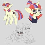2854443__safe_artist-colon-exxi00_moondancer_twilight+sparkle_pony_unicorn_g4_blushing_book_duo_female_floppy+ears_glasses_gray+background_high+res_lying+down_m