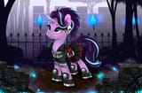 3066963__safe_artist-colon-darksly_starlight+glimmer_pony_unicorn_g4_blue+fire_brick+wall_clothes_edgelight+glimmer_female_fence_fog_forest_gameloft+interpretat