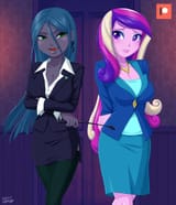 3037903__safe_artist-colon-uotapo_dean+cadance_princess+cadance_queen+chrysalis_human_equestria+girls_g4_arm+behind+back_breasts_cleavage_clothes_ear+piercing_e