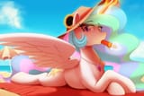 3178046__safe_artist-colon-thebatfang_princess+celestia_alicorn_pony_g4_beach_beach+towel_cloud_eating_female_flower_food_hat_high+res_jewelry_looking+at+you_ly