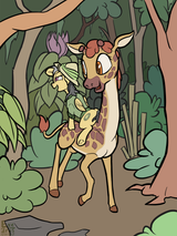 1425939__safe_daring+do_clementine_female_pony_mare_pegasus_smiling_open+mouth_hat_looking+back_tree_derpibooru+exclusive_forest_bush_giraffe_pith+he