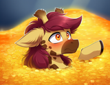 My Little Pony style, species_ Giraffe, swimming in gold coins, only head poking s-1129029606(2)