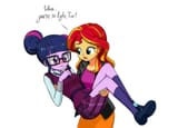 1079578__safe_artist-colon-twilite-dash-sparkleplz_sunset+shimmer_twilight+sparkle_equestria+girls_blushing_carrying_clothes_female_glasses_lesbian_sci