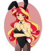 3187256__safe_alternate+version_artist-colon-kittyrosie_sunset+shimmer_human_equestria+girls_g4_bare+shoulders_black+leotard_blushing_bowtie_breasts_bunny+ears_