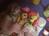 355002__safe_artist-colon-johnjoseco_apple+bloom_scootaloo_sweetie+belle_earth+pony_pegasus_pony_unicorn_g4_adorabloom_bed_blanket_candy_comic+book_cute_cuteal
