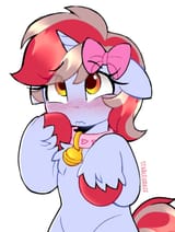 3387184__safe_artist-colon-stablegrass_oc_oc+only_oc-colon-cinnamon+lightning_pony_unicorn_bell_bell+collar_bipedal_blushing_bow_chest+fluff_collar_cute_eye+cli
