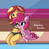 2663895__safe_artist-colon-tjpones_pinkie+pie_sunset+shimmer_earth+pony_pony_equestria+girls_g4_beach+shorts+swimsuit_belly+button_bikini_breasts_busty+sunset+s