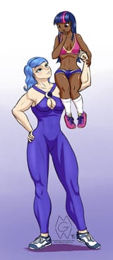 1022016__safe_artist-colon-mykegreywolf_princess+luna_twilight+sparkle_amazon_au-colon-eqcl_belly+button_breasts_buff_busty+princess+luna_busty+twiligh