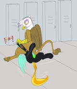 3229952__questionable_anonymous+artist_gilda_lightning+dust_griffon_pegasus_pony_g4_4chan_bully_bullying_clothes_duo_exclamation+point_faceful+of+ass_facesittin