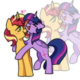 3628260__safe_artist-colon-batsentient_sunset+shimmer_twilight+sparkle_alicorn_pony_unicorn_g4_-colon-d_33_bipedal_blush+lines_blushing_duo_duo+female_exclamati