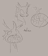 3498903__safe_artist-colon-notsafeforsanity_oc_oc-colon-39ling+chang_changeling_g4_beige+background_changeling+loves+watermelon_doodle_food_monochrome_simple+ba