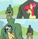 2834027__safe_anonymous+artist_derpibooru+import_apple+bloom_oc_oc-colon-anon_oc-colon-milky+way_earth+pony_pony_clothes_drawthread_faceoff_female_fill