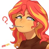 2334700__safe_artist-colon-maren_sunset+shimmer_equestria+girls_g4_bust_cute_female_high+res_mouth+hold_portrait_question+mark_shimmerbetes_simple+background_so