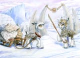 3070629__safe_artist-colon-maytee_oc_oc+only_changeling_armor_changeling+oc_colored+pencil+drawing_duo_fluffy_horse+collar_igloo_sled_snow_snow+changeling_spear