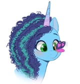 3173851__safe_artist-colon-higglytownhero_misty+brightdawn_butterfly_insect_pony_unicorn_g5_blushing_bust_butterfly+on+nose_cute_female_freckles_insect+on+nose_