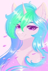 3610979__safe_artist-colon-candybun_princess+celestia_alicorn_pony_g4_bust_canon_multicolored+hair_multicolored+mane_portrait_solo_violet+eyes