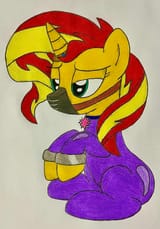 3624310__safe_artist-colon-princesslilybrush_artist-colon-tfpandora_sunset+shimmer_pony_unicorn_g4_base+used_bodysuit_bondage_bound+and+gagged_clothes_cuffs_cut