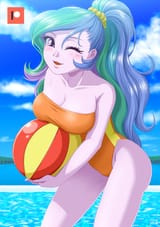 1581283__suggestive_artist-colon-uotapo_princess+celestia_equestria+girls_adorasexy_alternate+hairstyle_ball_beach_beach+babe_beach+ball_bicolor+swimsu