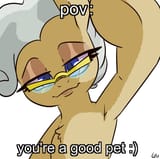 3608587__safe_artist-colon-lou_mayor+mare_earth+pony_pony_g4_armpits_bedroom+eyes_caption_chest+fluff_female_glasses_looking+at+you_mare_offscreen+character_pet