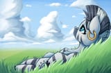 3152739__safe_artist-colon-zeepheru_zecora_zebra_g4_atg+2023_chest+fluff_cloud_cloudscape_ear+piercing_earring_female_grass_jewelry_looking+away_looking+up_lyin