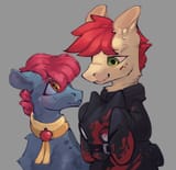 3634663__safe_artist-colon-mythical_mare_apple+split_care+package_earth+pony_pegasus_pony_g4_blood_blushing_clothes_duo_gay_gray+background_looking+at+each+othe
