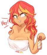 2477461__safe_artist-colon-maren_sunset+shimmer_equestria+girls_g4_after+shower_bare+shoulders_blushing_breasts_busty+sunset+shimmer_cleavage_dialogue_digital+a