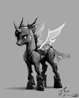 1377068__safe_artist-colon-amarynceus_changeling_fangs_looking+at+you_monochrome_simple+background_sketch_solo