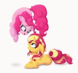 1854143__safe_artist-colon-katakiuchi4u_pinkie+pie_sunset+shimmer_chest+fluff_ear+fluff_earth+pony_female_floppy+ears_looking+at+each+other_mare_open+m