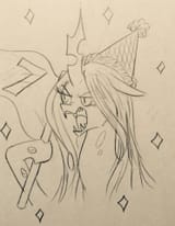 1558030__safe_artist-colon-zigragirl_queen+chrysalis_changeling_fangs_flag_floppy+ears_glare_happy+birthday+mlp-colon-fim_hat_hoof+hold_mlp+fim&#039;s+sev