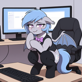 54035__safe_ai+generated_oc_oc+only_oc-colon-lucky+roll_bat+pony_pony_bat+wings_blushing_bow+tie_chair_clothes_computer_computer+mouse_crouching_cute+fangs_de