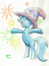 1784641__safe_artist-colon-michiito_trixie_pony_unicorn_g4_clothes_female_fireworks_hat_high+res_mare_solo_traditional+art_trixie27s+hat
