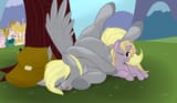 815922__safe_artist-colon-m-dash-p-dash-l_derpy+hooves_dinky+hooves_pegasus_pony_g4_-colon-o_-colon-t_belly_derpreg_eyes+closed_feather_female_kicking_mailbag_