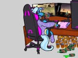 3064543__safe_artist-colon-amendokat_trixie_pony_unicorn_alternate+hairstyle_babysitter+trixie_chair_clothes_computer_computer+desk_computer+mouse_desk_female_f