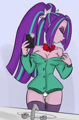 934646__suggestive_artist-colon-ponut_joe_color+edit_edit_aria+blaze_equestria+girls_g4_bowtie_breasts_busty+aria+blaze_cellphone_cleavage_clothes_female_mirro