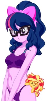 1722618__suggestive_artist-colon-rosemile+mulberry_sci-dash-twi_sunset+shimmer_twilight+sparkle_equestria+girls_g4_33_belly+button_bikini_bikini+bottom_bow_brea