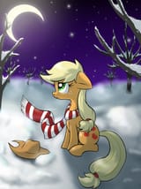 1075387__safe_artist-colon-rune-dash-blad3_applejack_clothes_crescent+moon_earth+pony_female_freckles_hat_mare_moon_night_pony_scarf_sitting_snow_solo_
