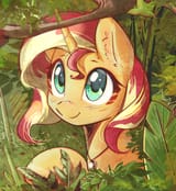 1725034__safe_artist-colon-mirroredsea_sunset+shimmer_pony_unicorn_g4_bust_cute_daaaaaaaaaaaw_female_forest_high+res_horn_jewelry_jungle_mare_nature_necklace_po
