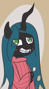 661844__safe_artist-colon-kimmychan1_blushing_braces_clothes_derpibooru+import_dork_dorkalis_queen+chrysalis_solo_sweater
