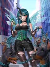 2803431__safe_alternate+version_artist-colon-racoonsan_queen+chrysalis_doberman_dog_human_bare+shoulders_breasts_busty+queen+chrysalis_chains_clothes_fangs_glov