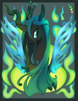 2097666__safe_artist-colon-vertizontal_derpibooru+import_queen+chrysalis_changeling_changeling+queen_bust_crown_female_fire_green+eyes_green+fire_horn_