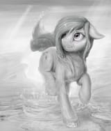 1153938__safe_artist-colon-paticzaki_marblepie_earthpony_pony_crepuscularrays_featuredimage_female_floppyears_grin_hope_lookingup_monochrome_rain_raisedh