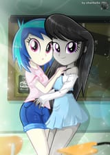 3360208__safe_artist-colon-charliexe_ponerpics+import_octavia+melody_vinyl+scratch_equestria+girls_breasts_clothes_dress_duo_duo+female_female_image_jp