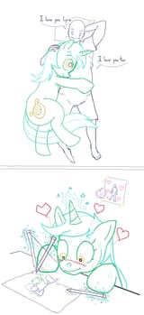 3465904__safe_artist-colon-zarcotauomega_lyra+heartstrings_oc_oc-colon-anon_human_pony_g4_bait+and+switch_blushing_canon+x+oc_cuddling_drawing_female_floating+h