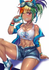1579311__suggestive_artist-colon-tzc_derpibooru+import_kotobukiya_rainbow+dash_human_abs_anime_breasts_clothes_dark+skin_female_goggles_grin_humanized_